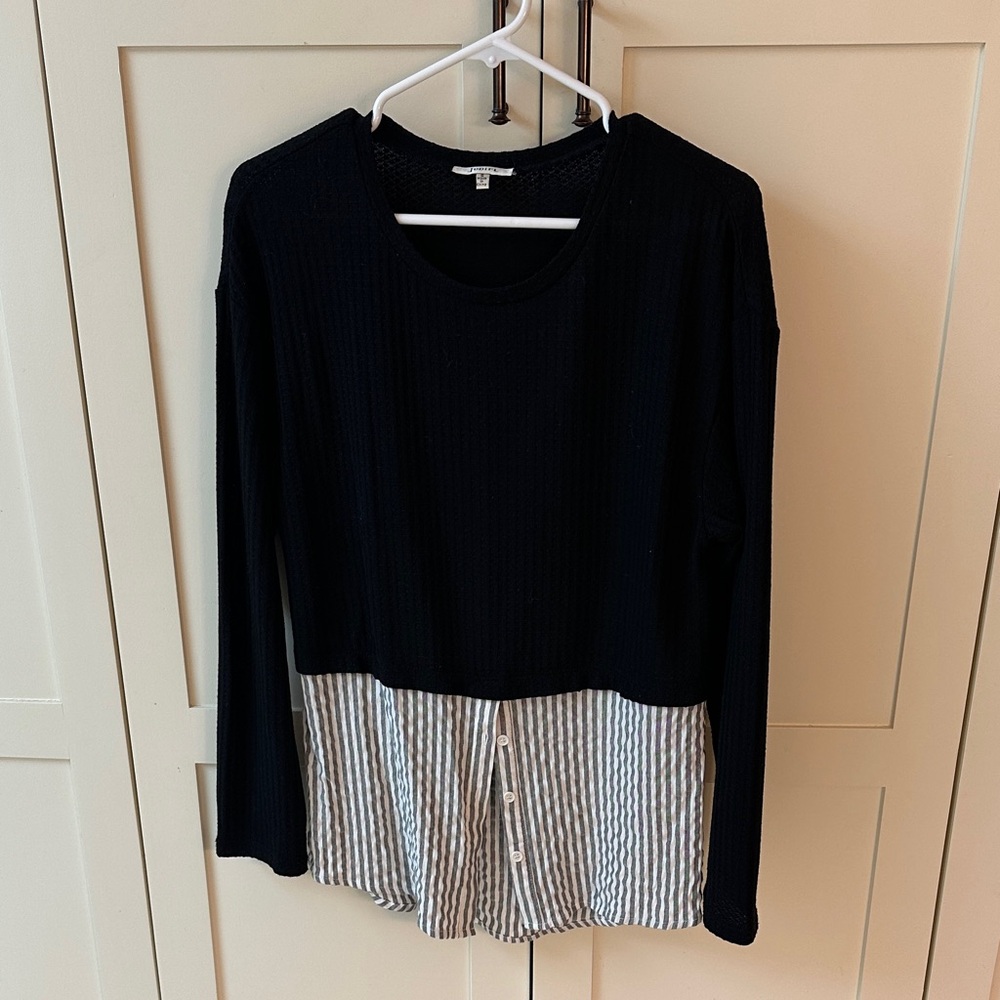 JODIFL Preppy Black Waffle Knit Sweater with Mock Shirt Bottom Size Small
